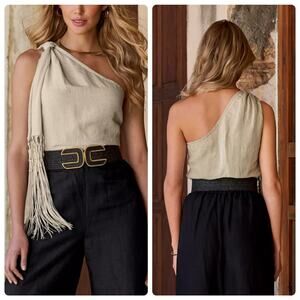 Boston Proper One Shoulder Linen Blend Top Size 8 Beige Boho Fringe Knot Resort